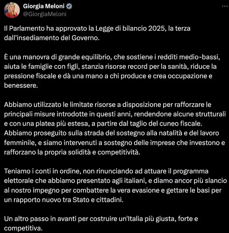 TWEET DI GIORGIA MELONI SULLA MANOVRA 2024