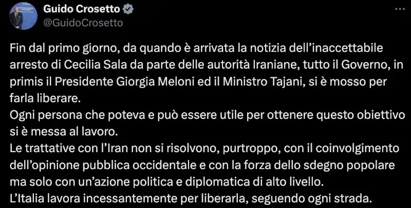 TWEET DI GUIDO CROSETTO SULL ARRESTO DI CECILIA SALA 