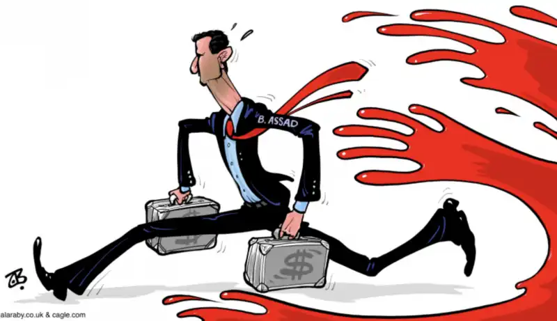 vignetta di bashar al assad che scappa dalla siria con i soldi