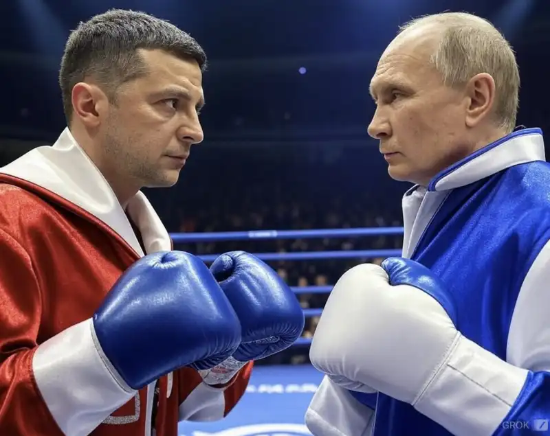 VOLODYMYR ZELENSKY E VLADIMIR PUTIN COME PUGILI SUL RING - FOTO CREATA CON GROK