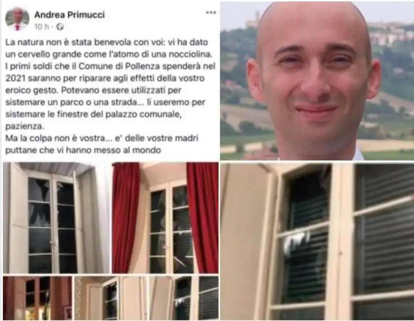 pollenza - vandali distruggono le vetrate del municipio - lo sfogo di andrea primucci