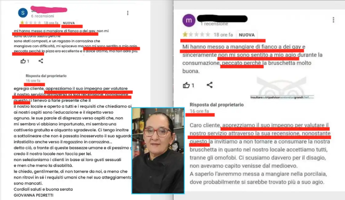 i commenti omofobi alla pizzerie le vignole e alla bruschetteria faedo giovanna pedretti