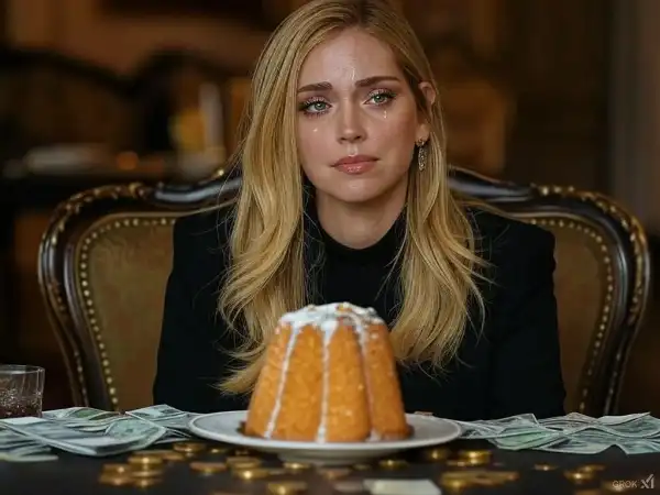 chiara ferragni con il pandoro e i soldi immagine creata con intelligenza artificiale