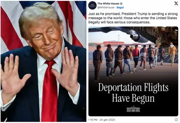 donald trump la casa bianca posta la foto dei migranti deportati in catene