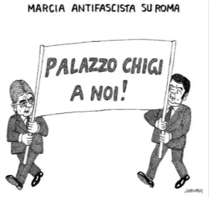 vignetta giannelli - la marcia antifascista di renzi e gentiloni 