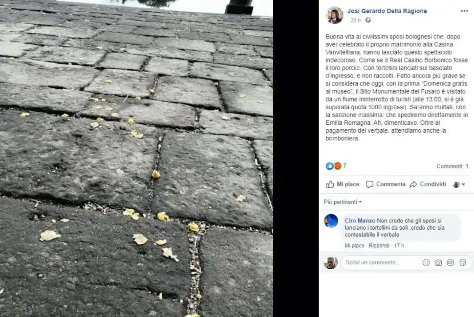 gli sposi e il lancio di tortellini - il post del sindaco di bacoli josi gerardo della ragione 