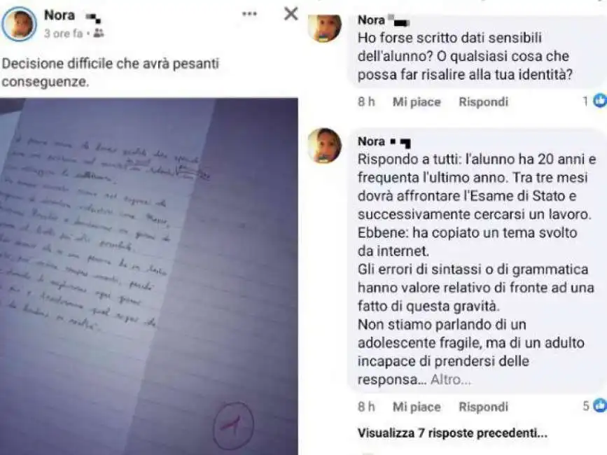 prof pubblica tema dell'alunno sui social con voto 1