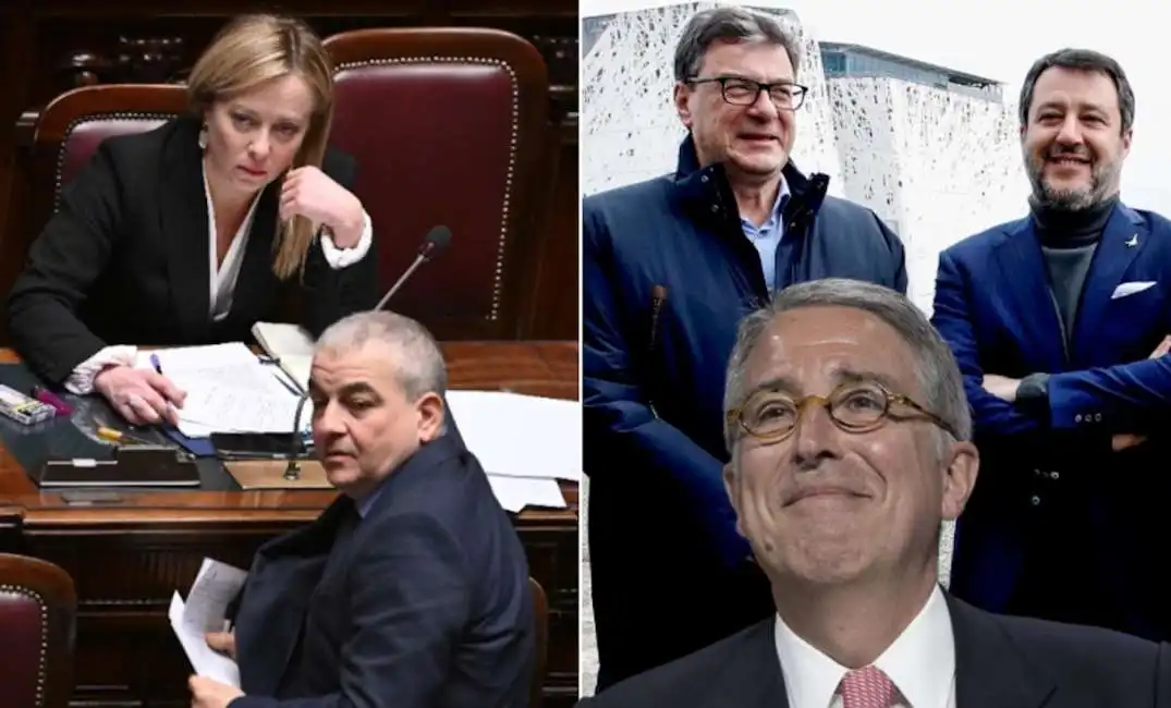 giorgia meloni giovanbattista fazzolari arnaud de puyfontaine matteo salvini giancarlo giorgetti 