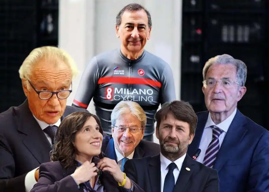 beppe sala con prodi e bazoli ai lati, sotto franceschini, elly, gentiloni romano giovanni dario schlein paolo 