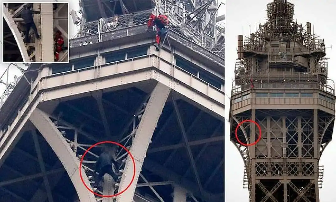 uomo si arrampica sulla torre eiffel