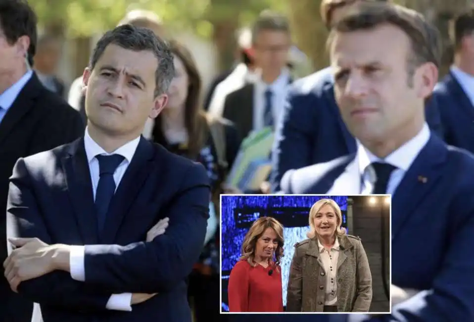 gerald darmanin emmanuel macron marine le pen giorgia meloni 