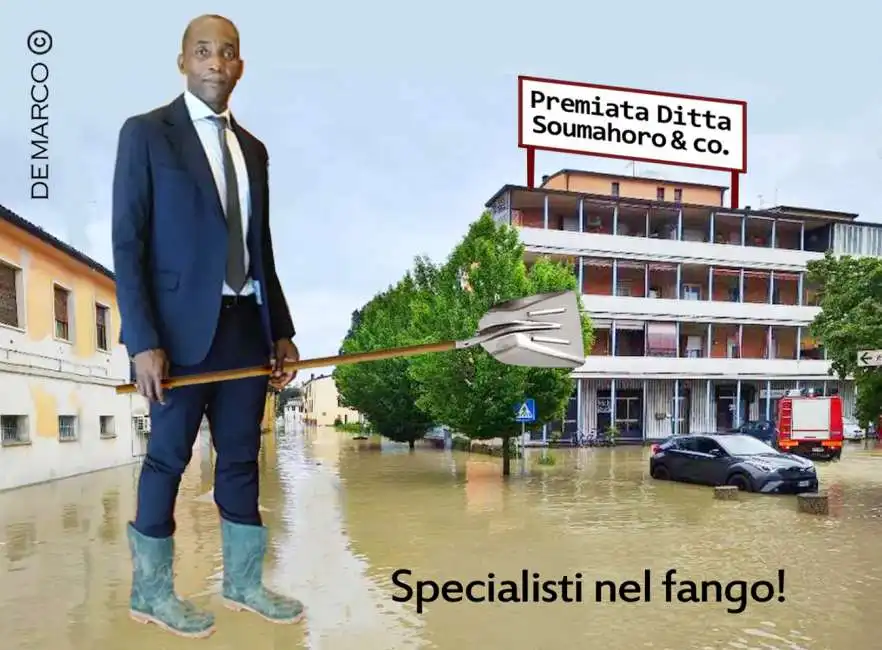 soumahoro specialista nel fango - vignetta di de marco alluvione emilia romagna stivali