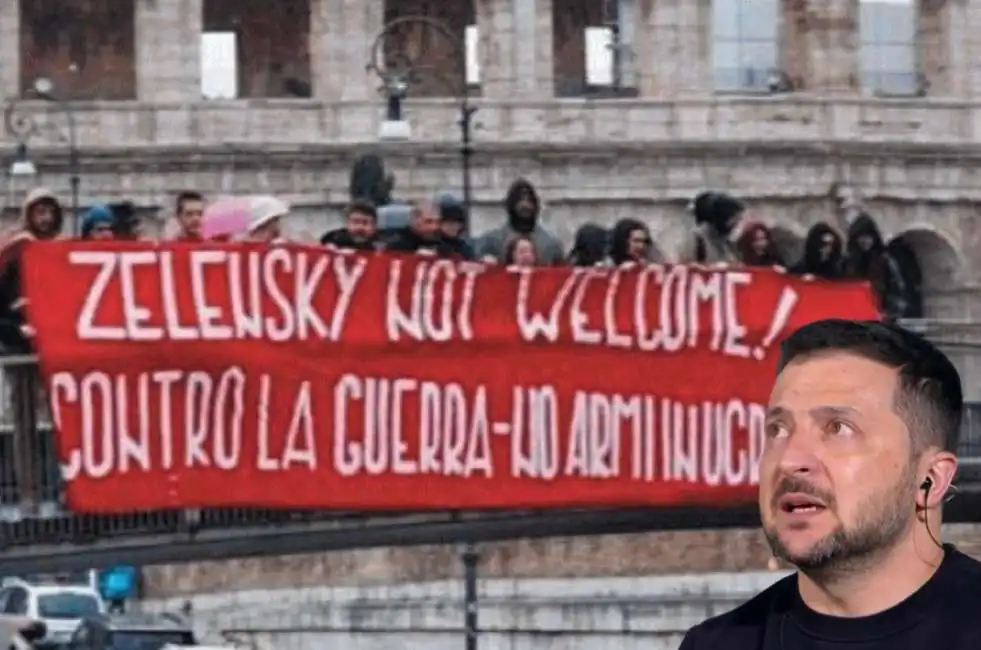 volodymyr zelensky striscione colosseo not welcome 