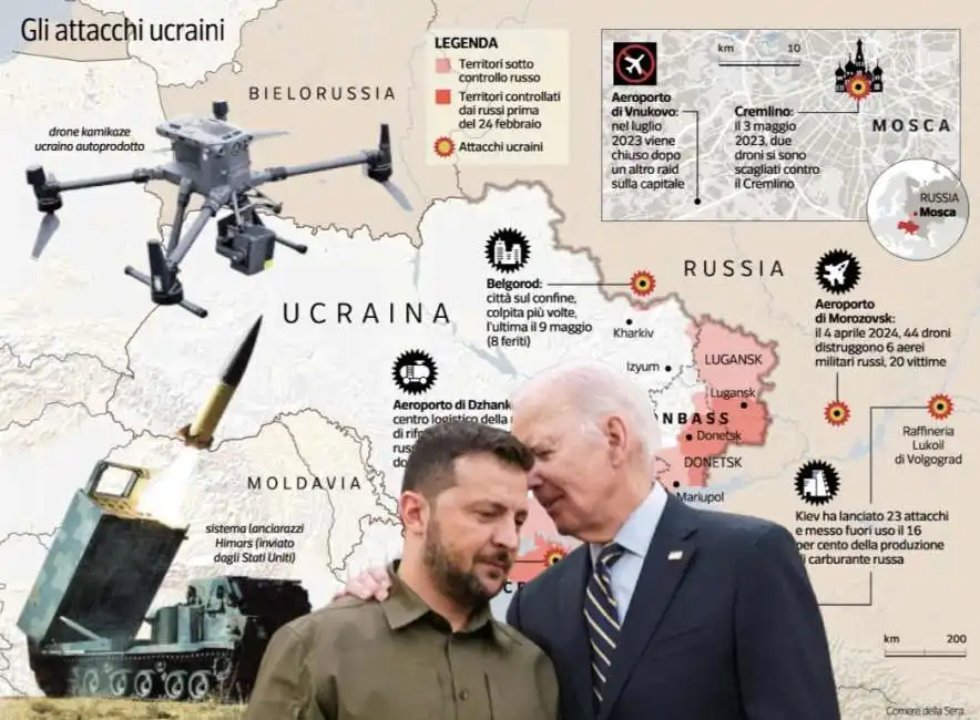 gli attacchi dell ucraina in territorio russo joe biden volodymyr zelensky 