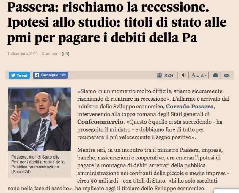 corrado passera titoli di stato debiti pubblica amministrazione