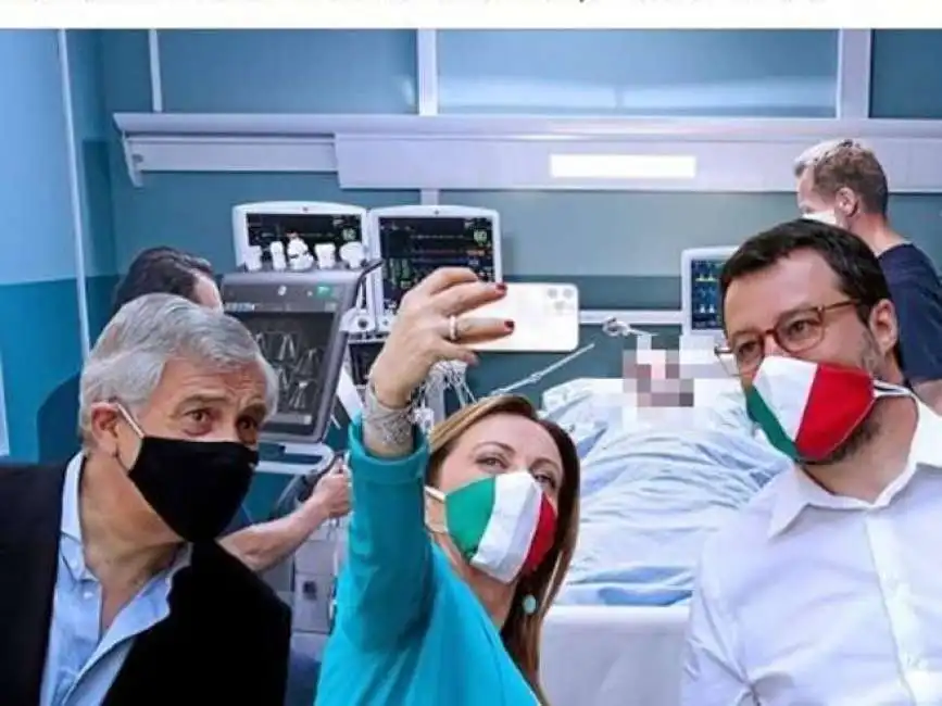 il fotomontaggio di salvini meloni e tajani con un malato