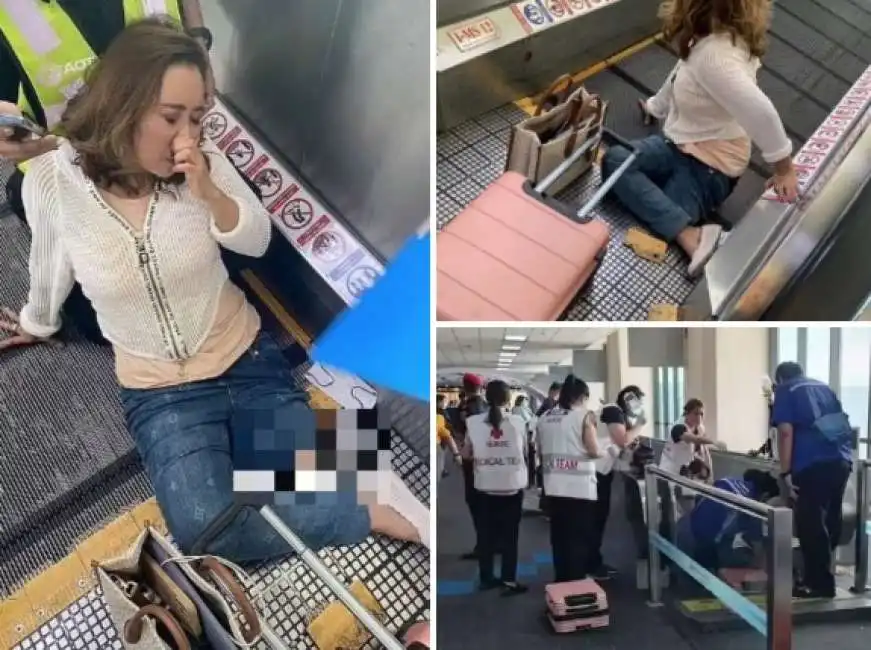 donna rimane con la gamba incastrata nel tapis roulant dell aeroporto di bangkok 