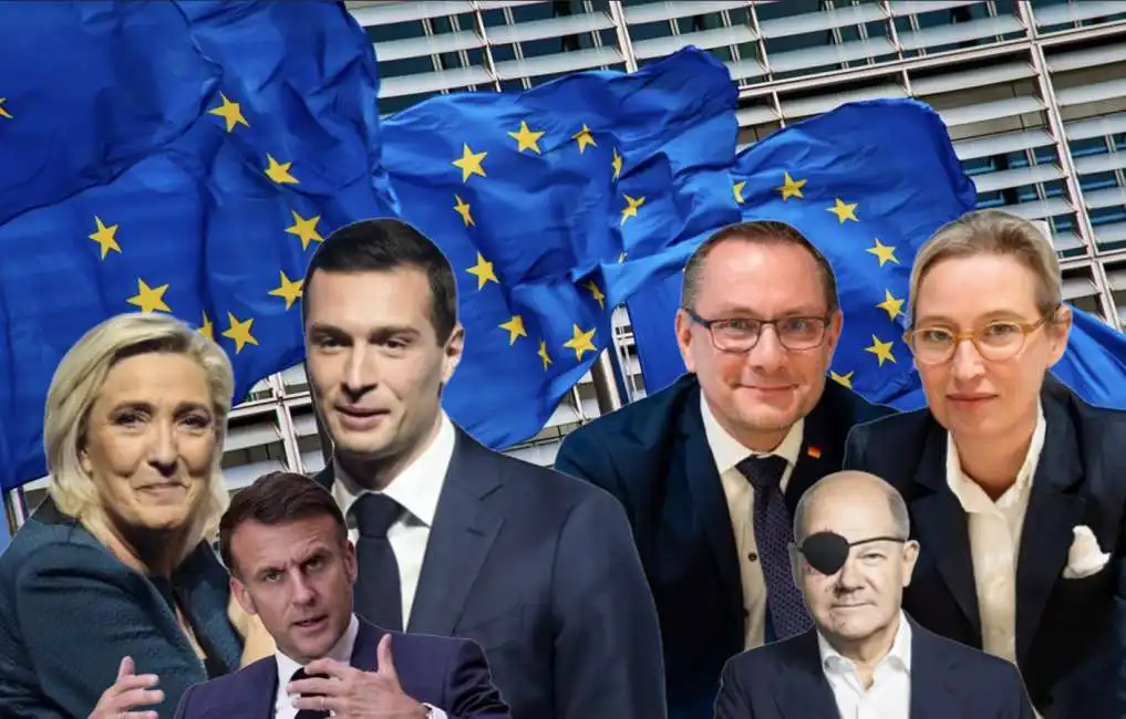 emmanuel macron marine le pen jordan bardella olaf scholz alice weidel tino chrupalla elezioni europee 2024