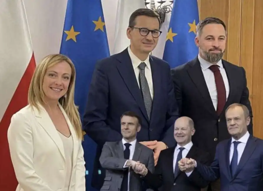 giorgia meloni santiago abascal mateusz morawiecki emmanuel macron olaf scholz donald tusk 