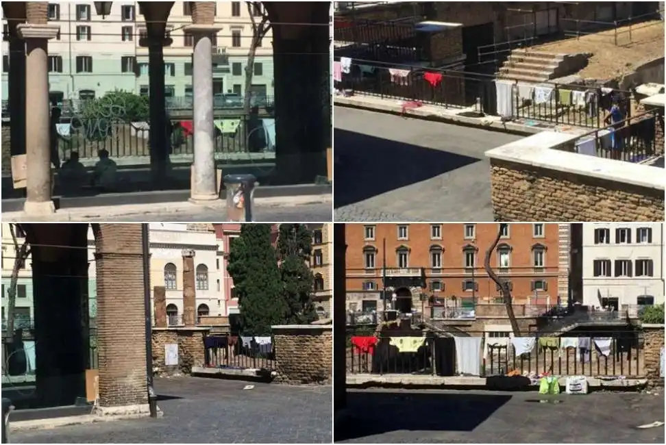 panni stesi sulle ringhiere dell area archeologica di largo argentina 