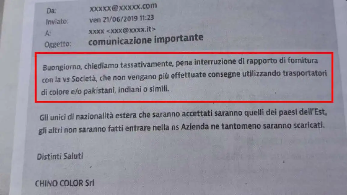 la mail della chino color di lumezzane ai fornitori 