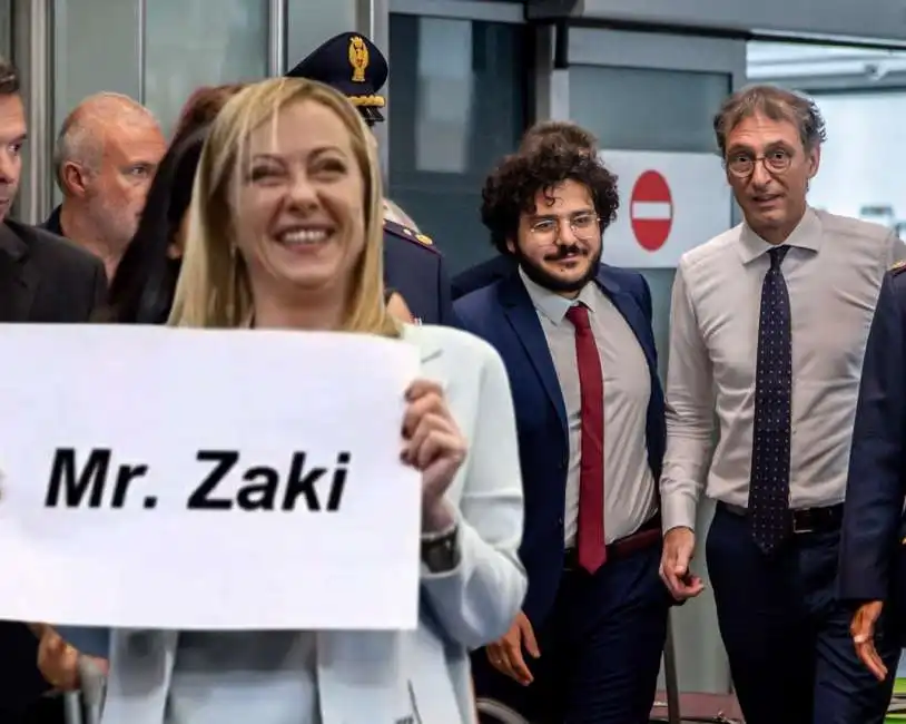 patrick zaki con giovanni molari all aeroporto di milano malpensa giorgia meloni