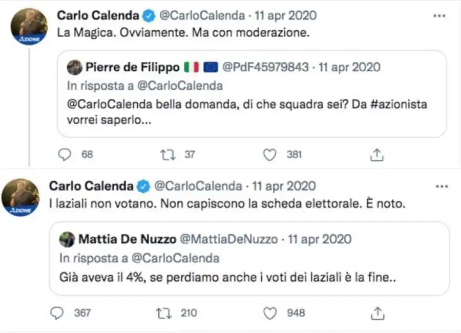 i tweet di carlo calenda sui laziali