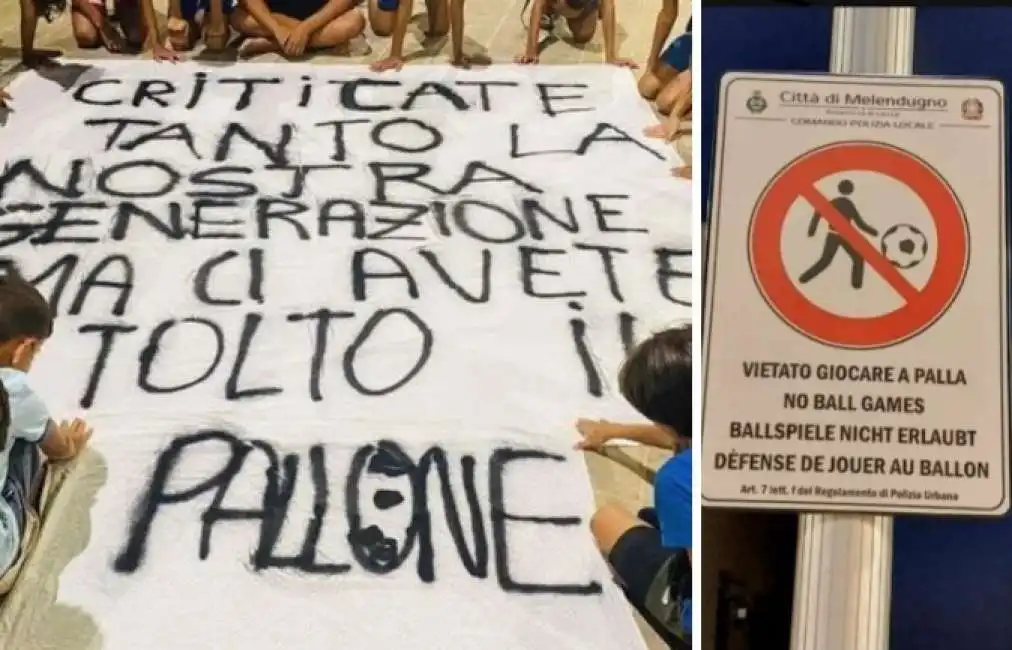 la protesta dei bambini di meledugno contro il divieto di giocare a pallone 