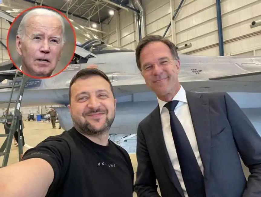 selfie di volodymyr zelensky e mark rutte con un f-16 joe biden 