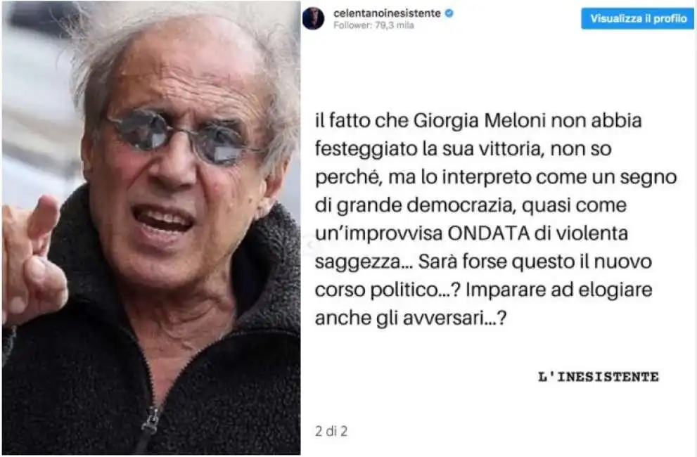 il post di adriano celentano dopo la vittoria della meloni