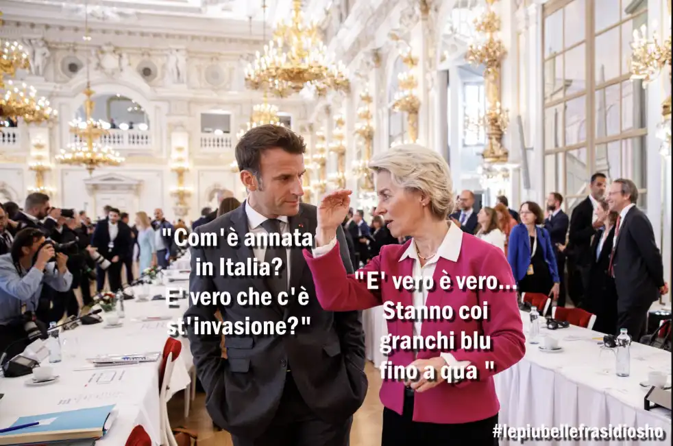 invasione di migranti - emmanuel macron ursula von der leyen - vignetta by osho granchi blu