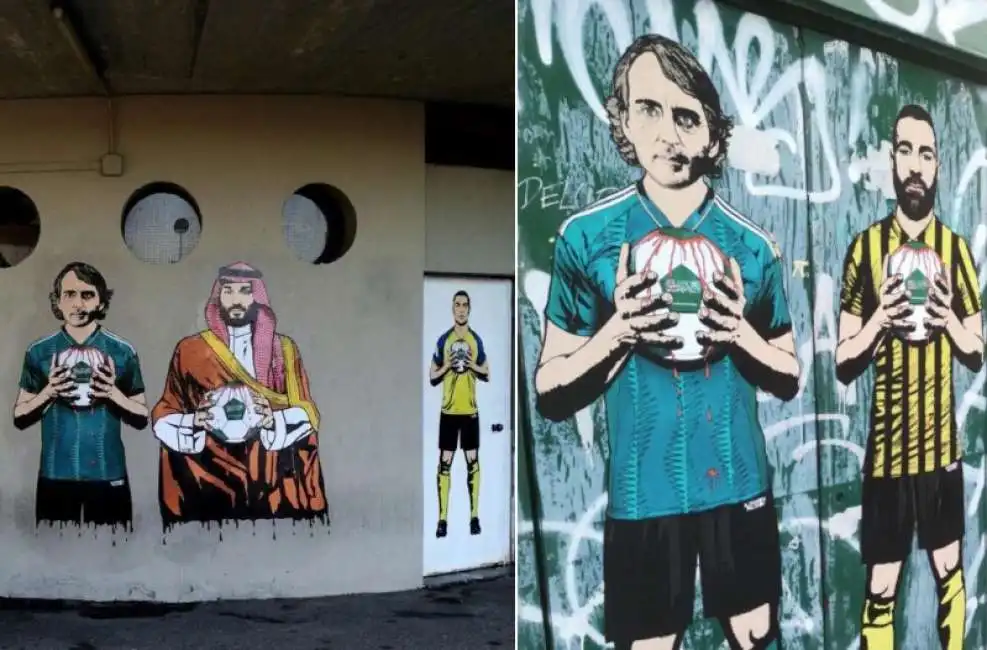 murale a san siro - roberto mancini - bin salman - cristiano ronaldo -pallone insanguinato