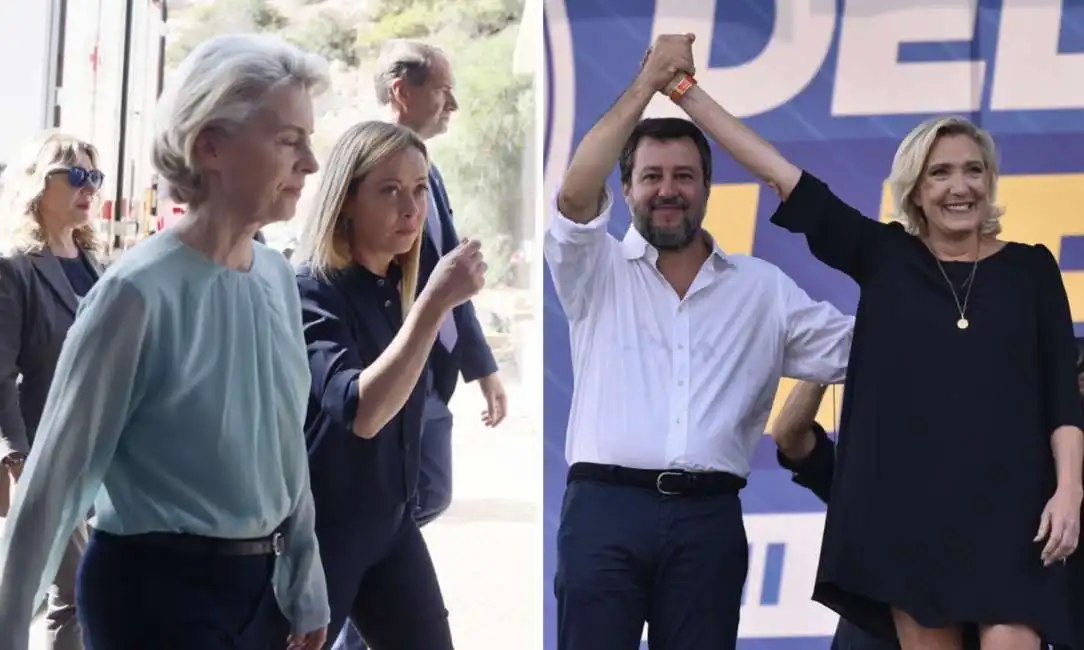 ursula von der leyen giorgia meloni matteo salvini marine le pen lampedusa pontida