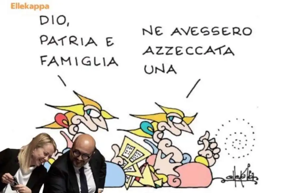 dio patria famiglia vignetta ellekappa governo giorgia meloni gennaro sangiuliano maria rosaria boccia 