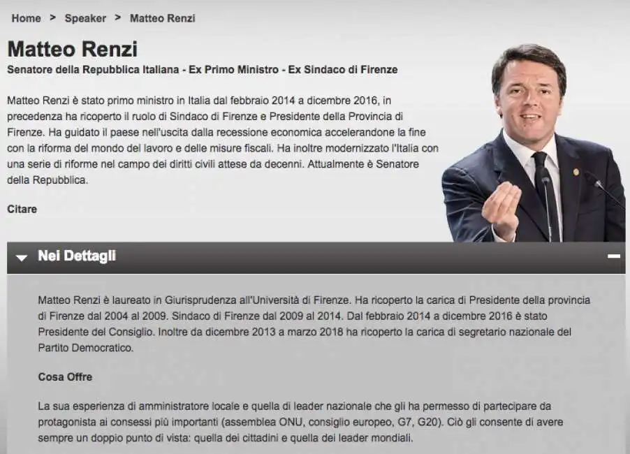 la scheda di matteo renzi sul sito di celebrity speakers associates