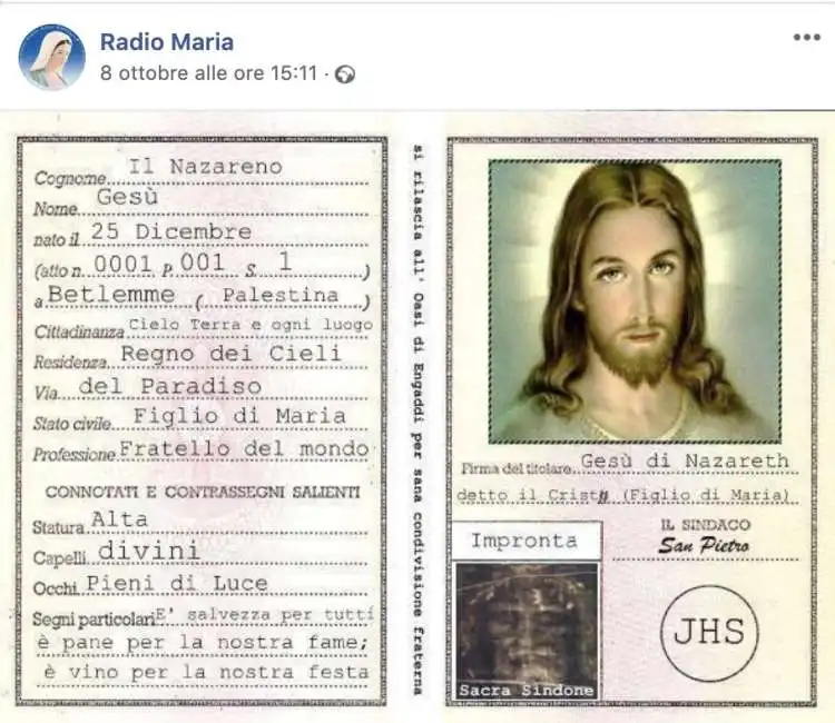 radio maria carta d'identita' gesu' cristo