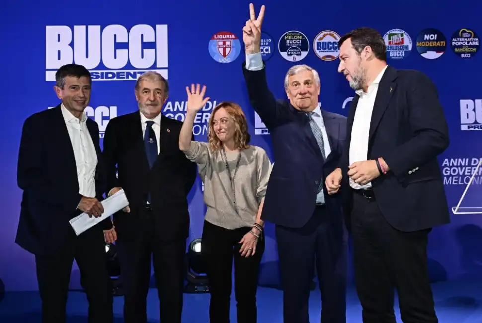 maurizio lupi marco bucci giorgia meloni matteo salvini e antonio tajani a genova 1