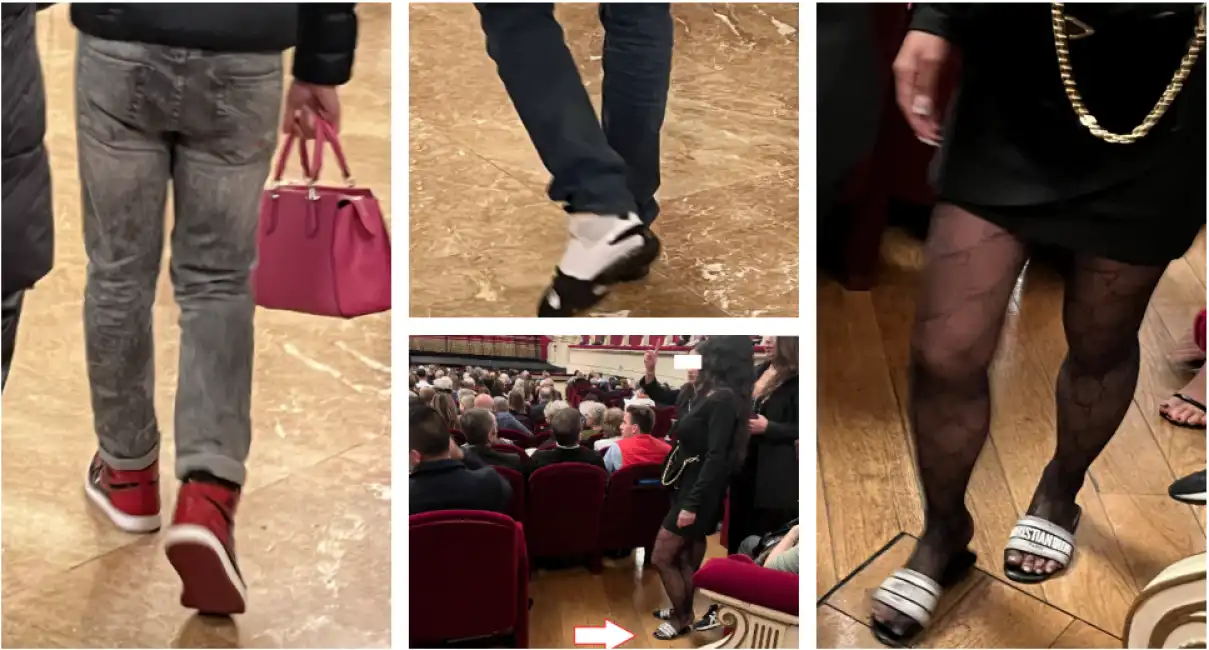 spettatori alla scala con scarpe da ginnastica e ciabatte