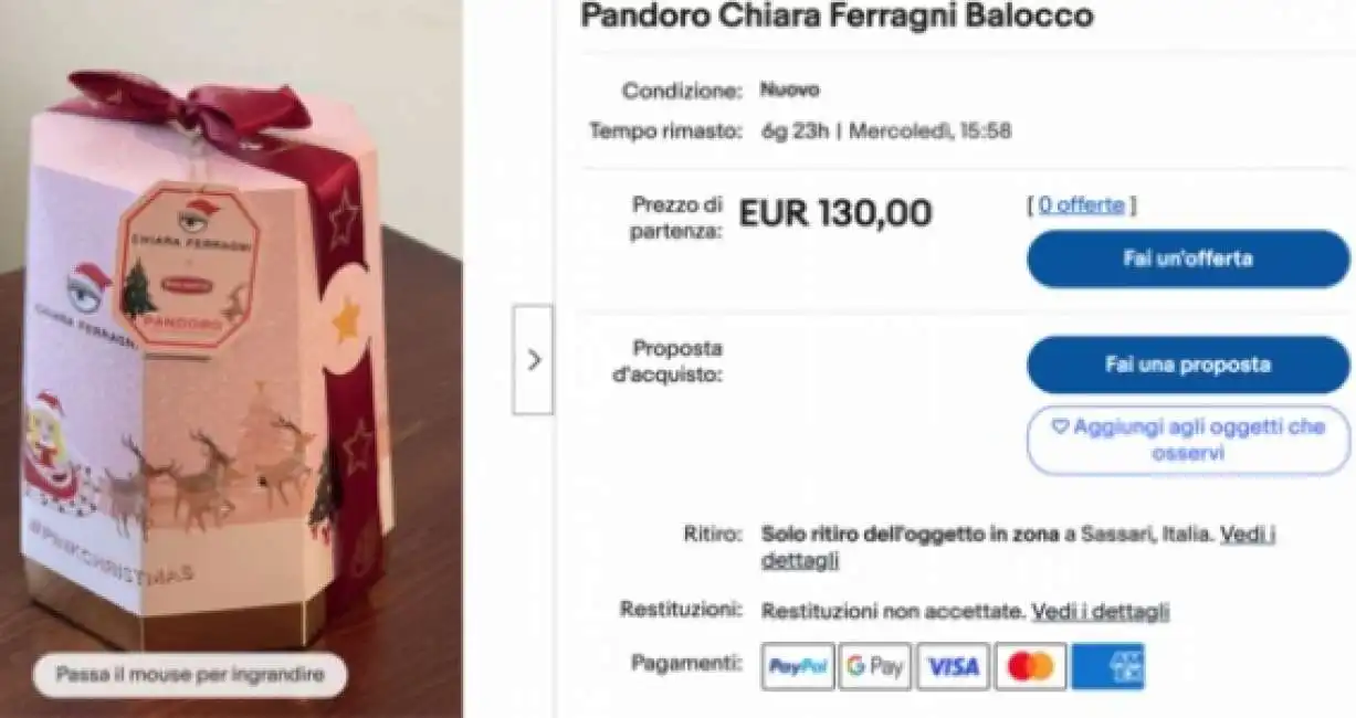 il pandoro di chiara ferragni in vendita su ebay