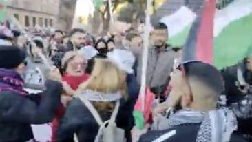 signora strattonata dai filo-palestinesi alla manifestazione contro la violenza sulle donne 